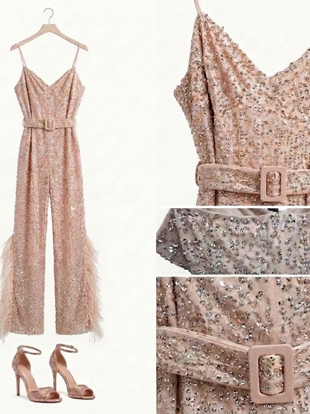 ASOS LUXE Curve Embellished Sequin Belted Jumpsuit with Feather Trim